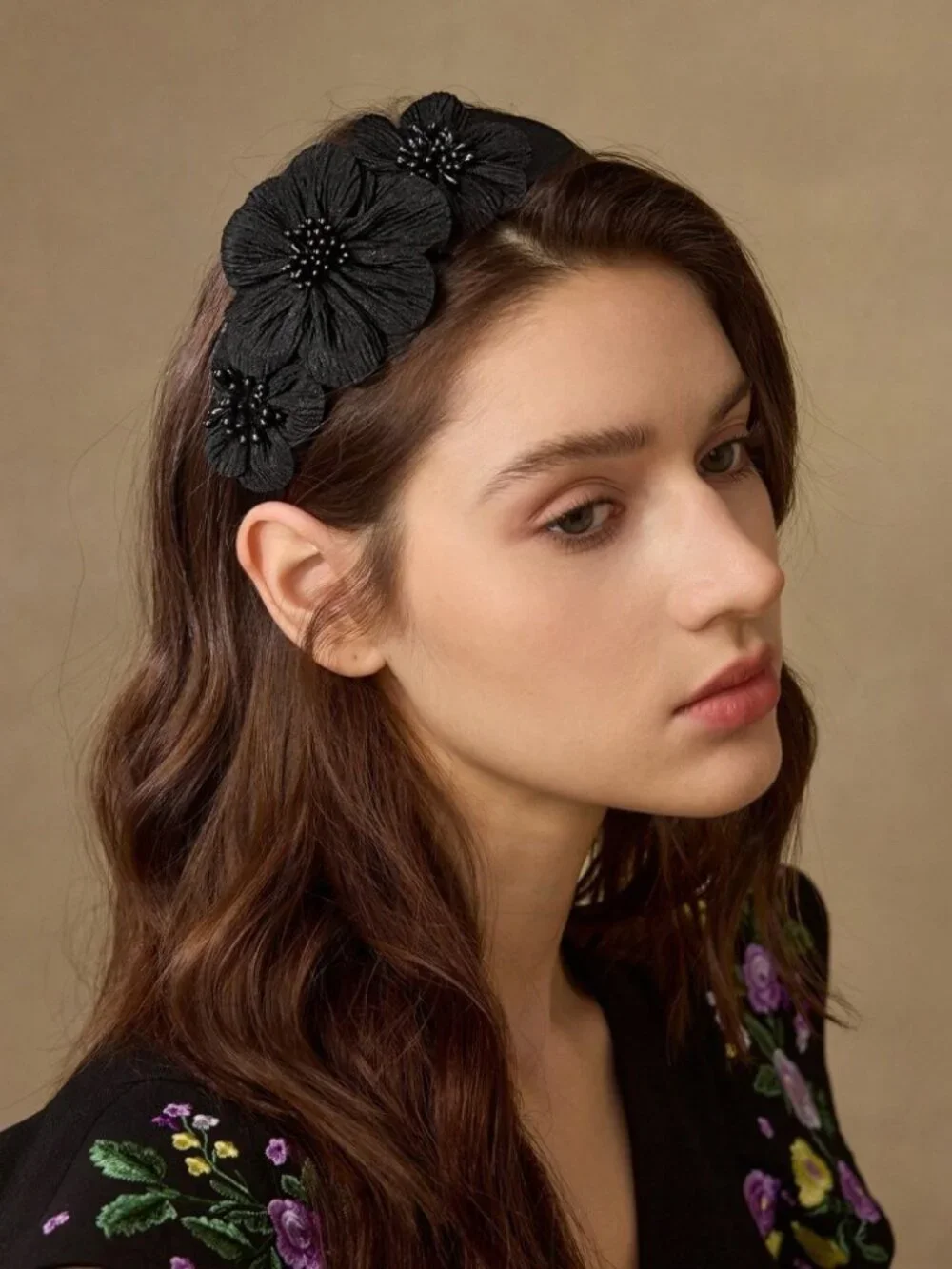 Black Floral Beaded Headband - 3D Flower Statement
